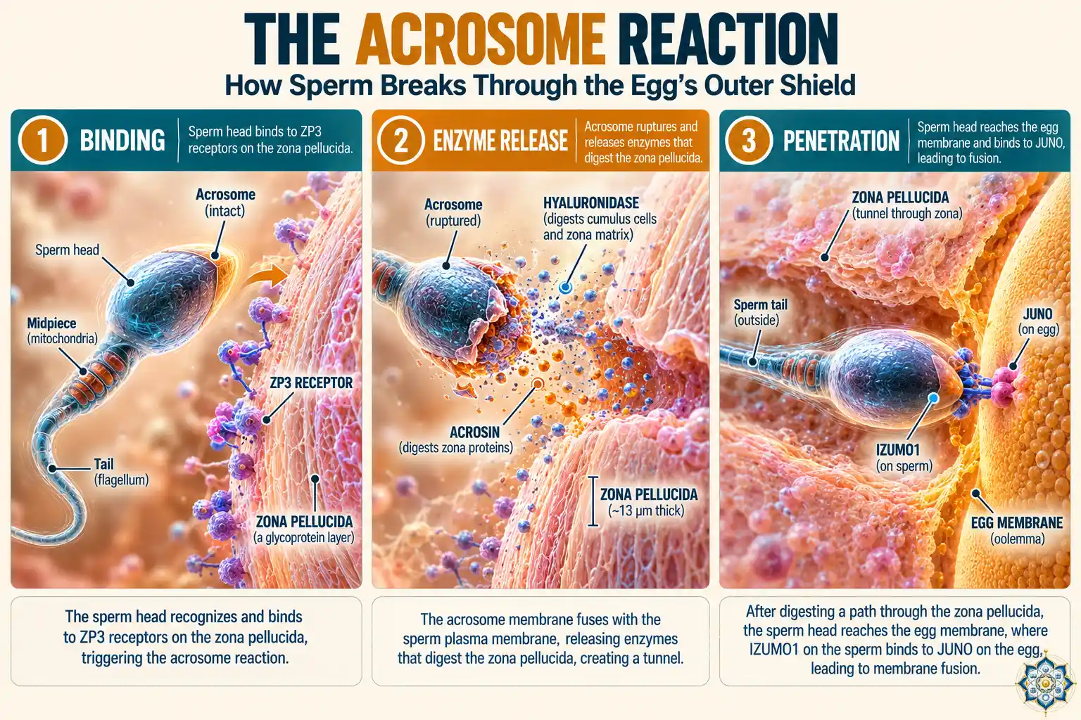 Three-panel illustration showing the acrosome reaction — sperm binding to ZP3 receptor, enzyme release digesting the zona pellucida, and penetration to the egg membrane where IZUMO1 meets JUNO