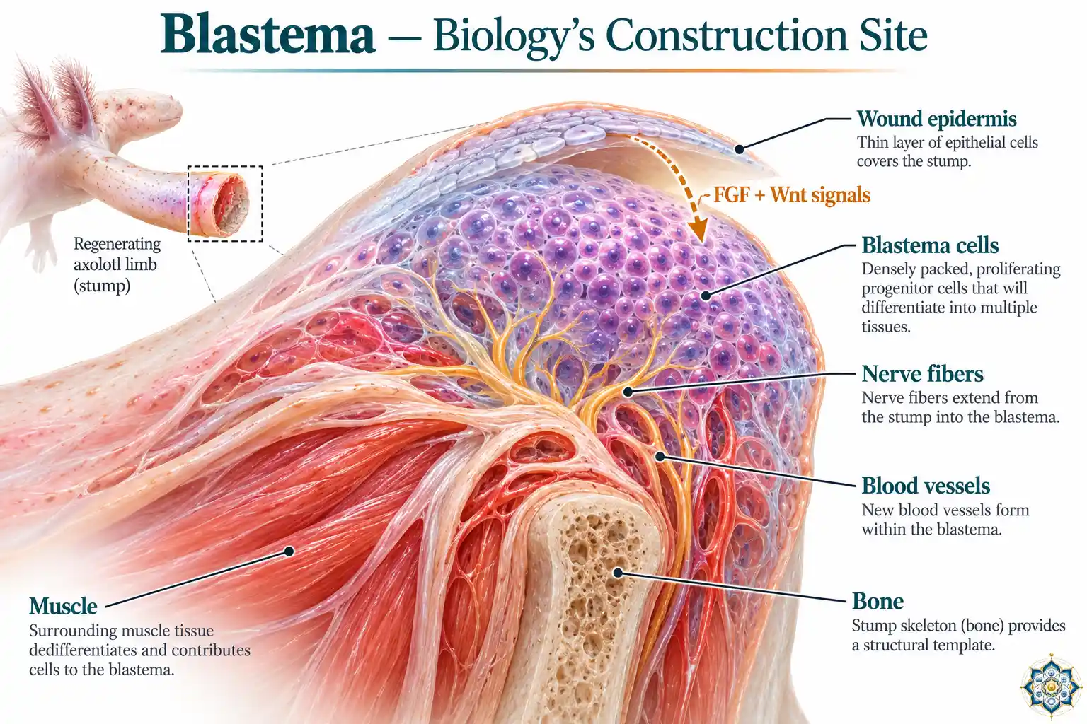Cross-section illustration of an axolotl blastema showing the wound epidermis cap, proliferating progenitor cells, nerve fibers extending into the blastema, and blood vessel formation