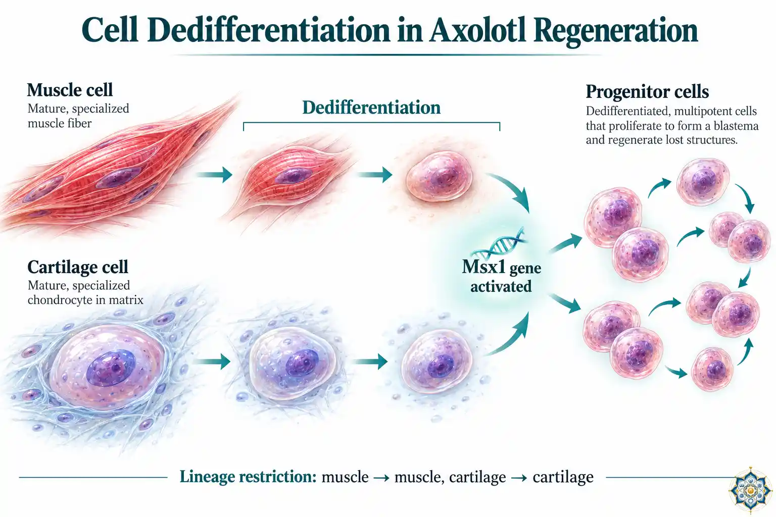Illustration comparing cell dedifferentiation in axolotl regeneration — mature muscle and cartilage cells reverting to progenitor-like cells that can divide and rebuild tissue
