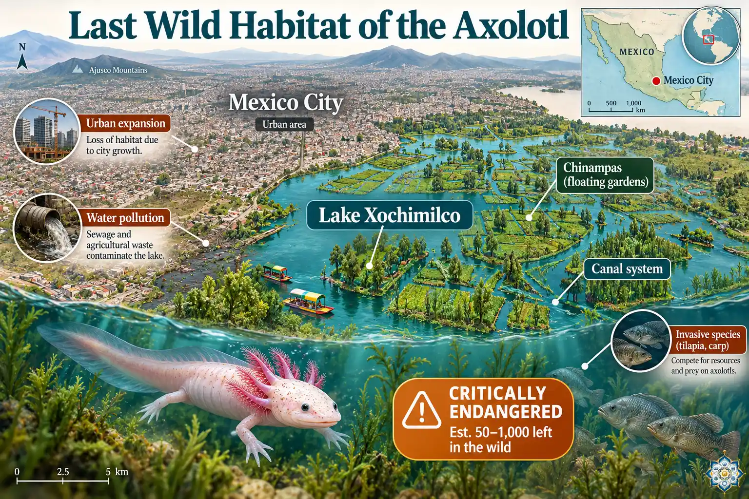 Map showing Lake Xochimilco near Mexico City — the last remaining wild habitat of the critically endangered axolotl — surrounded by urban development and shrinking wetlands