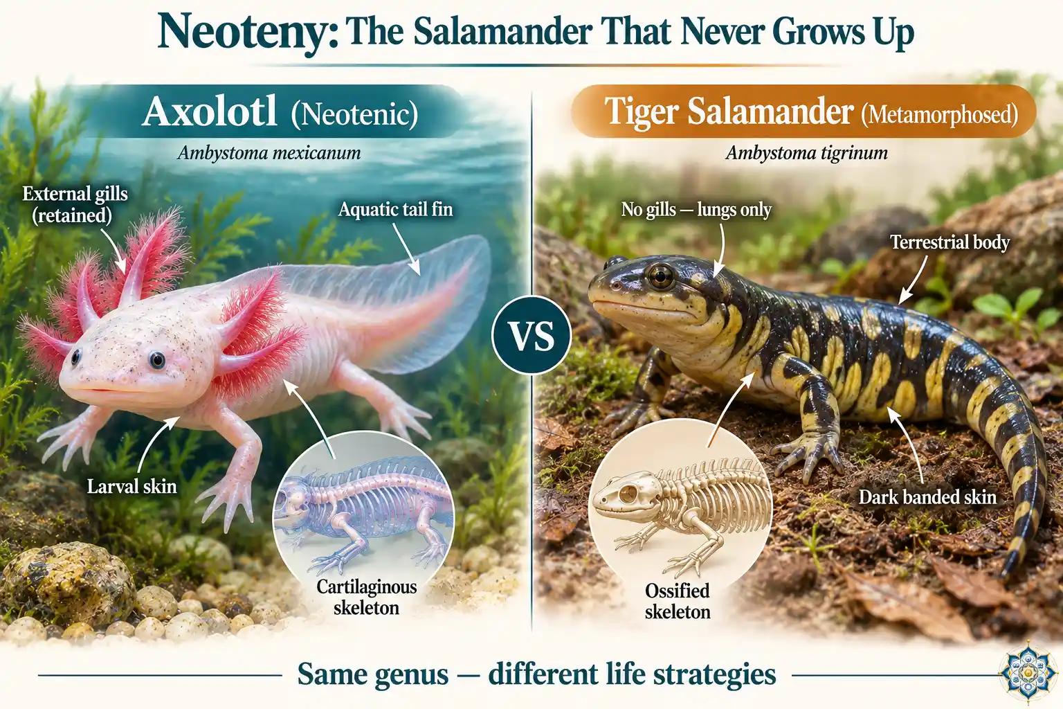 Side-by-side comparison of an axolotl retaining its larval external gills alongside a metamorphosed tiger salamander of the same genus that has lost its gills and developed a terrestrial body form
