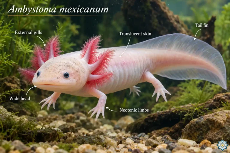 Scientific illustration of an axolotl salamander showing its feathery external gills, wide head, and translucent skin — the most regenerative vertebrate known to science
