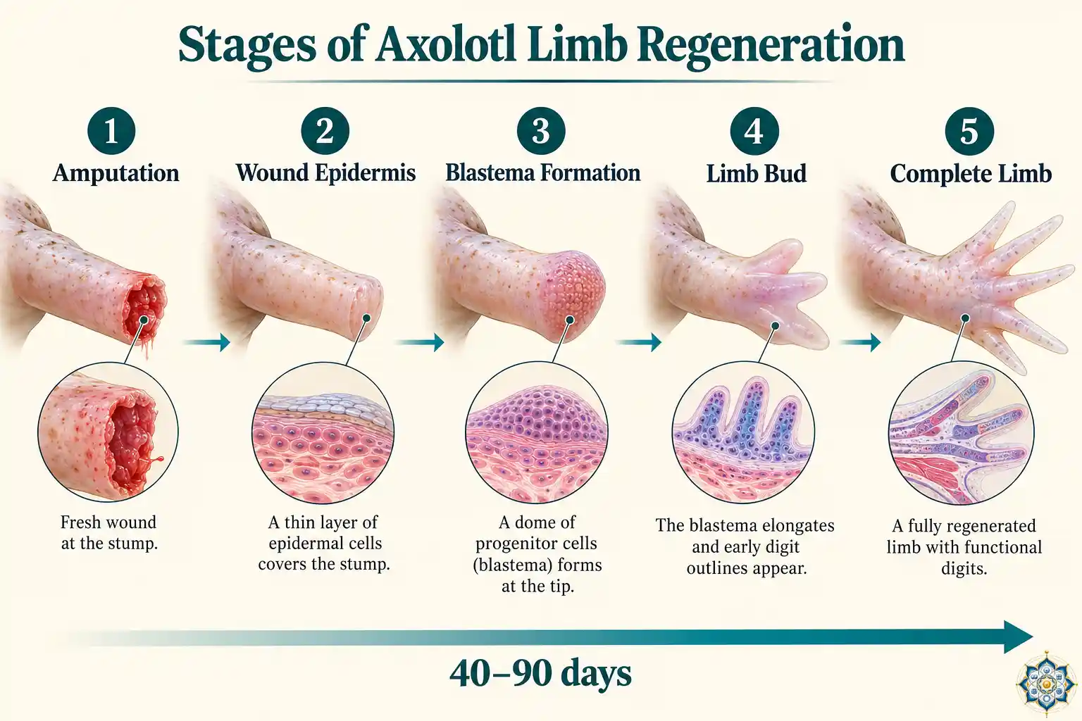 Diagram showing the stages of axolotl limb regeneration from amputation through wound healing, blastema formation, limb bud growth, to fully regenerated limb with all tissues restored