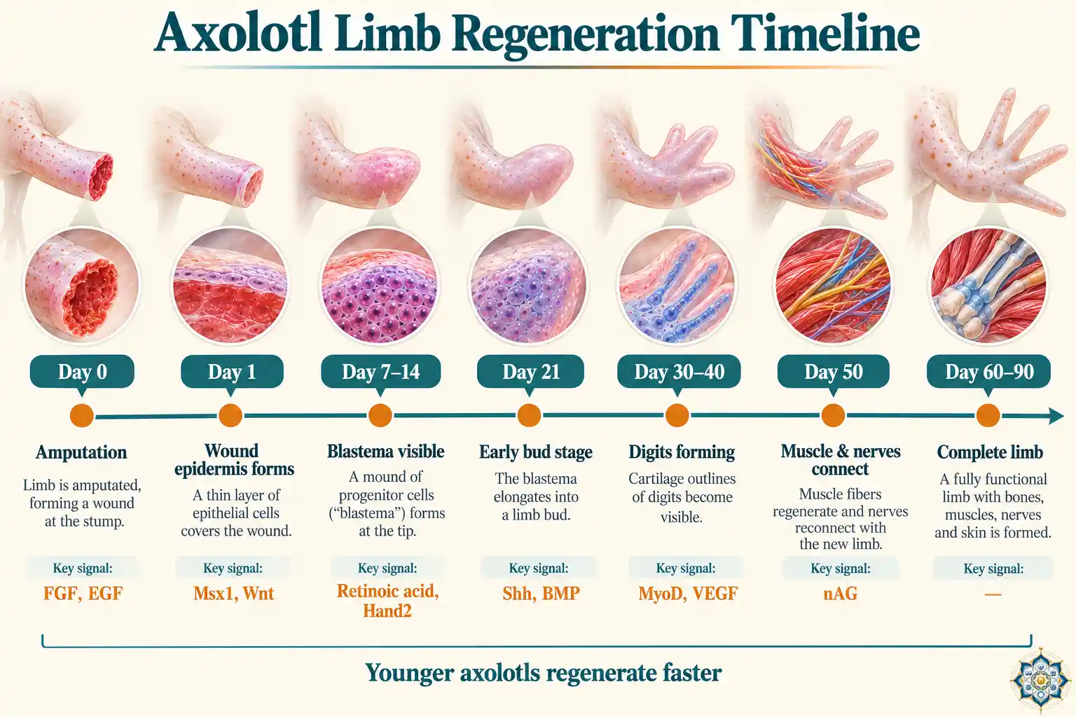 Visual timeline infographic of axolotl limb regeneration showing the progression from amputation through wound healing, blastema formation, digit patterning, and complete limb restoration over 60 to 90 days