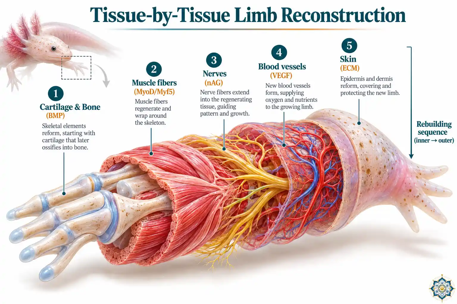 Illustration showing the layered rebuilding of an axolotl limb — cartilage skeleton forming first, then muscle fibers wrapping around bone, nerves extending through tissue, and blood vessels networking throughout