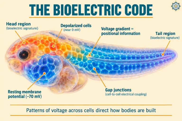Scientific illustration showing bioelectric voltage patterns across embryonic cells forming a glowing map of a developing body plan, with labeled ion channels, membrane potentials, and gap junctions connecting cells into an electrical network