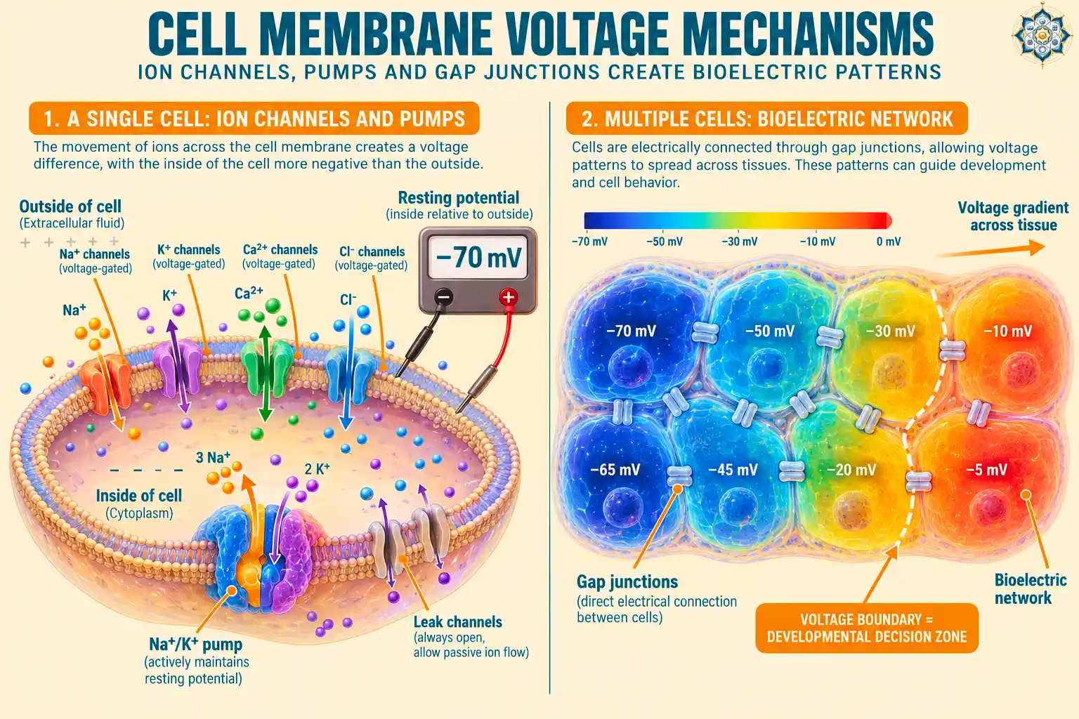 Diagram showing a cell membrane with labeled ion channels and pumps controlling sodium, potassium, calcium, and chloride movement, resting membrane potential displayed, and gap junctions connecting the cell to neighboring cells to form a voltage network