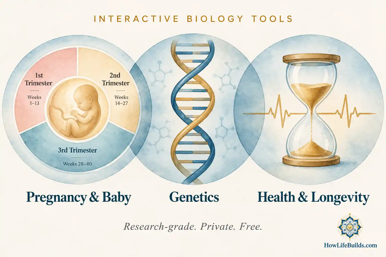 Illustrated hero showing three categories of free biology calculators — pregnancy, genetics, and longevity — represented as a pregnancy wheel, DNA helix, and hourglass