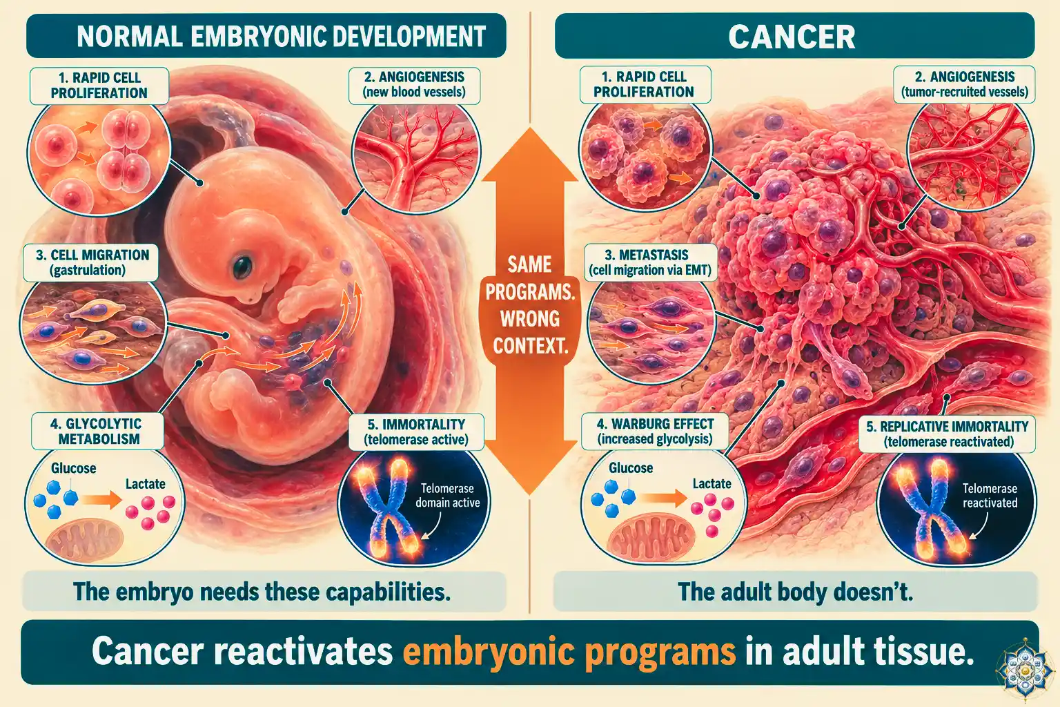 Scientific illustration comparing an embryonic cell cluster undergoing normal development with cancer cells reactivating the same embryonic programs — rapid proliferation, angiogenesis, cell migration, and metabolic switching — but in the wrong context in adult tissue
