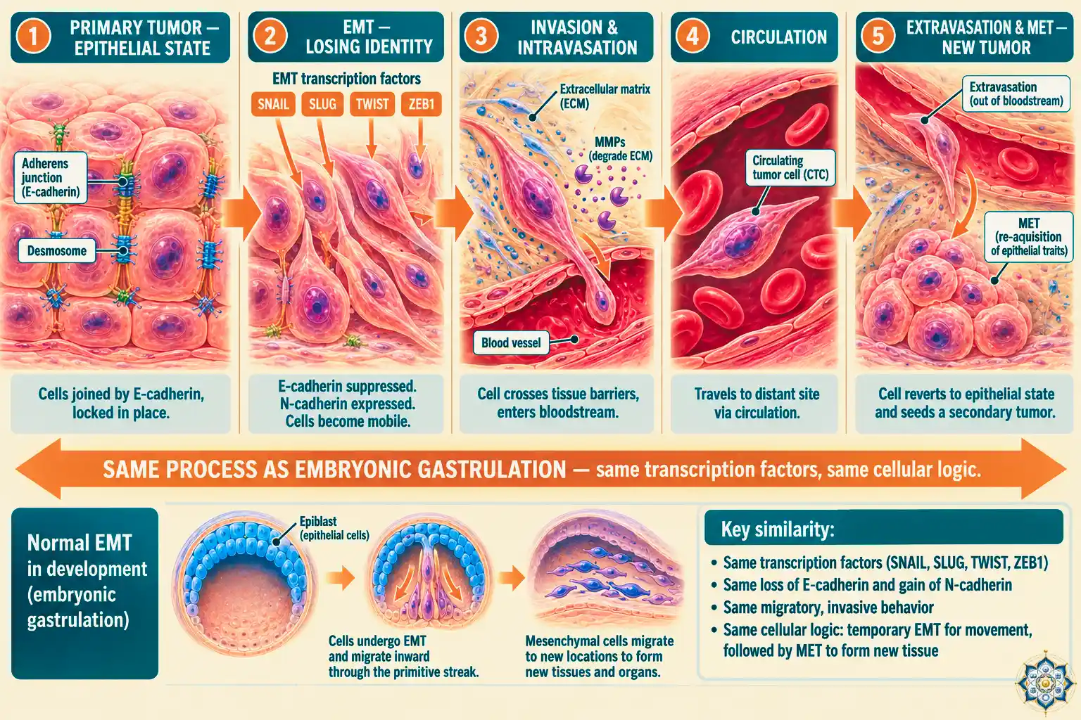 Diagram showing epithelial-to-mesenchymal transition (EMT) in cancer metastasis — epithelial sheet cells losing cell-cell adhesions, transitioning to migratory mesenchymal cells, entering a blood vessel, traveling through circulation, and reforming epithelial cells at a distant site via MET, with labeled transcription factors SNAIL, SLUG, TWIST, and ZEB1 and parallel comparison to embryonic gastrulation