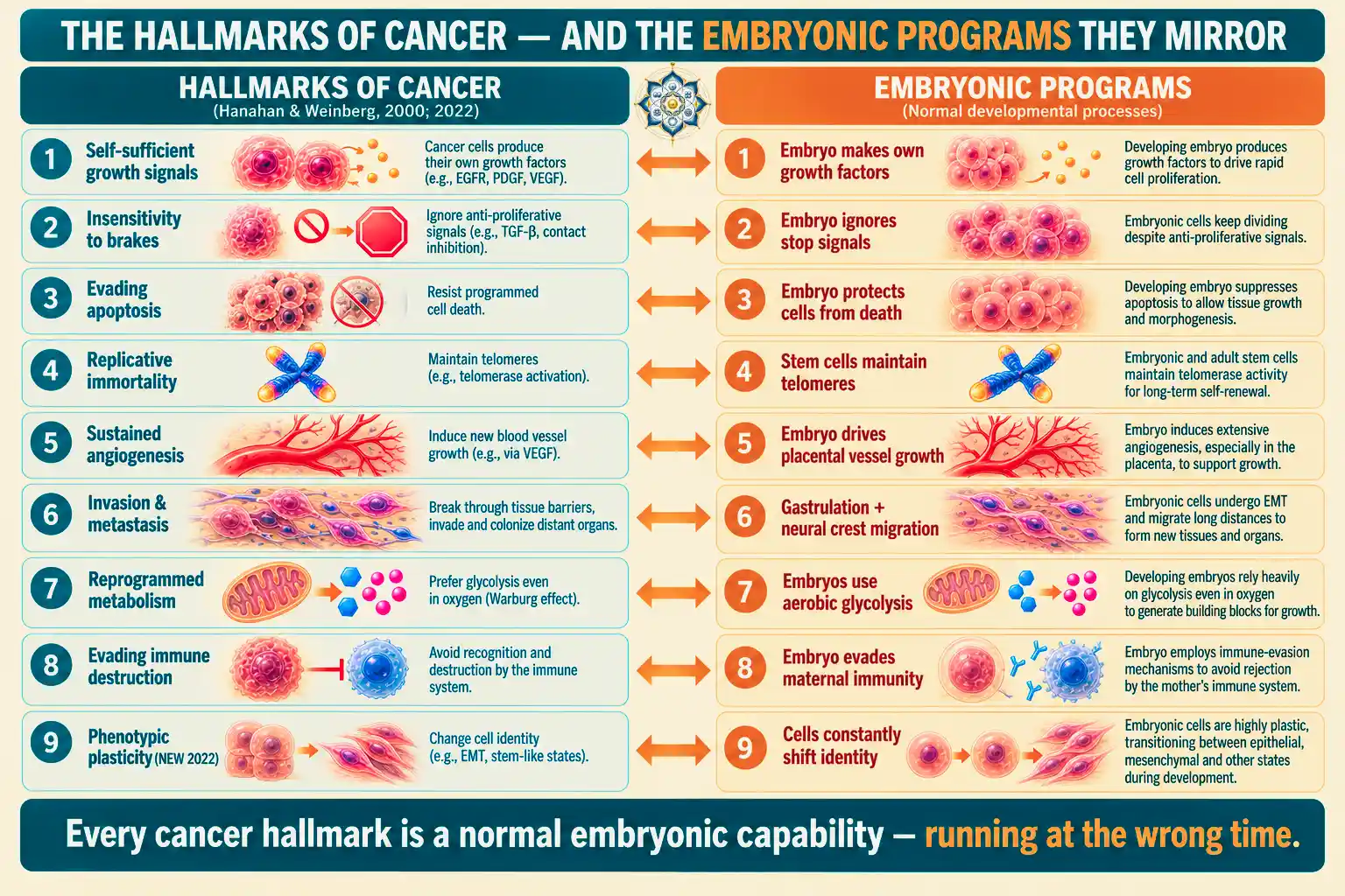 Two-column comparison diagram showing the nine hallmarks of cancer defined by Hanahan and Weinberg including self-sufficient growth signals, insensitivity to brakes, evading apoptosis, replicative immortality, sustained angiogenesis, invasion and metastasis, reprogrammed metabolism, immune evasion, and phenotypic plasticity, each paired with its matching embryonic developmental program showing cancer mirrors embryonic biology