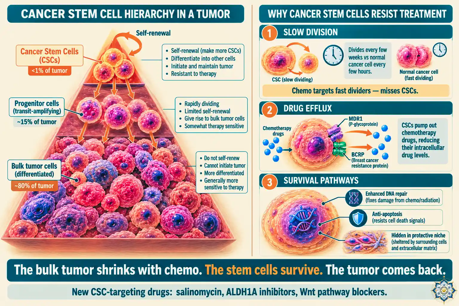 Pyramid diagram showing the hierarchical organization of a tumor with cancer stem cells at the apex representing less than 1 percent of cells, differentiated cancer cells making up the bulk below, with labels showing self-renewal properties, treatment resistance mechanisms including drug efflux pumps and slow division, and the drugs targeting cancer stem cells including salinomycin and ALDH1A inhibitors