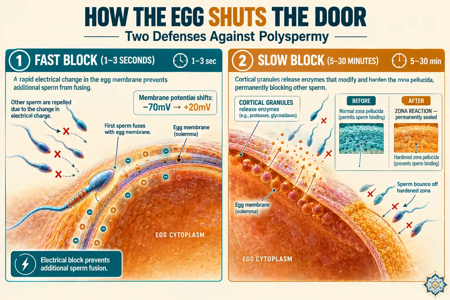 Two-panel illustration showing the egg's defenses against polyspermy — fast electrical block within 1 to 3 seconds and slow cortical reaction hardening the zona pellucida within 5 to 30 minutes