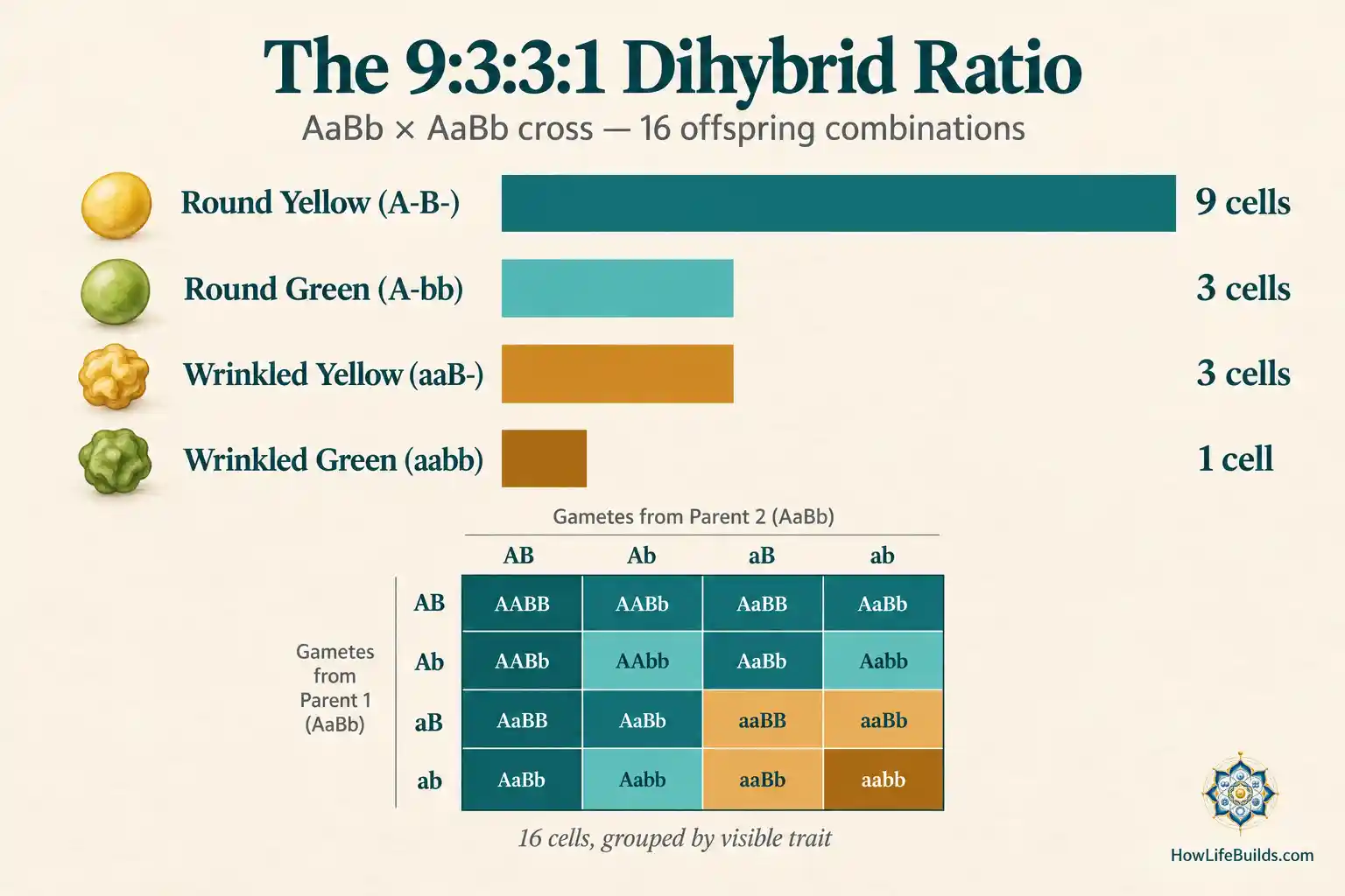 Bar chart illustrating Mendel's 9:3:3:1 dihybrid phenotype ratio from an AaBb by AaBb cross