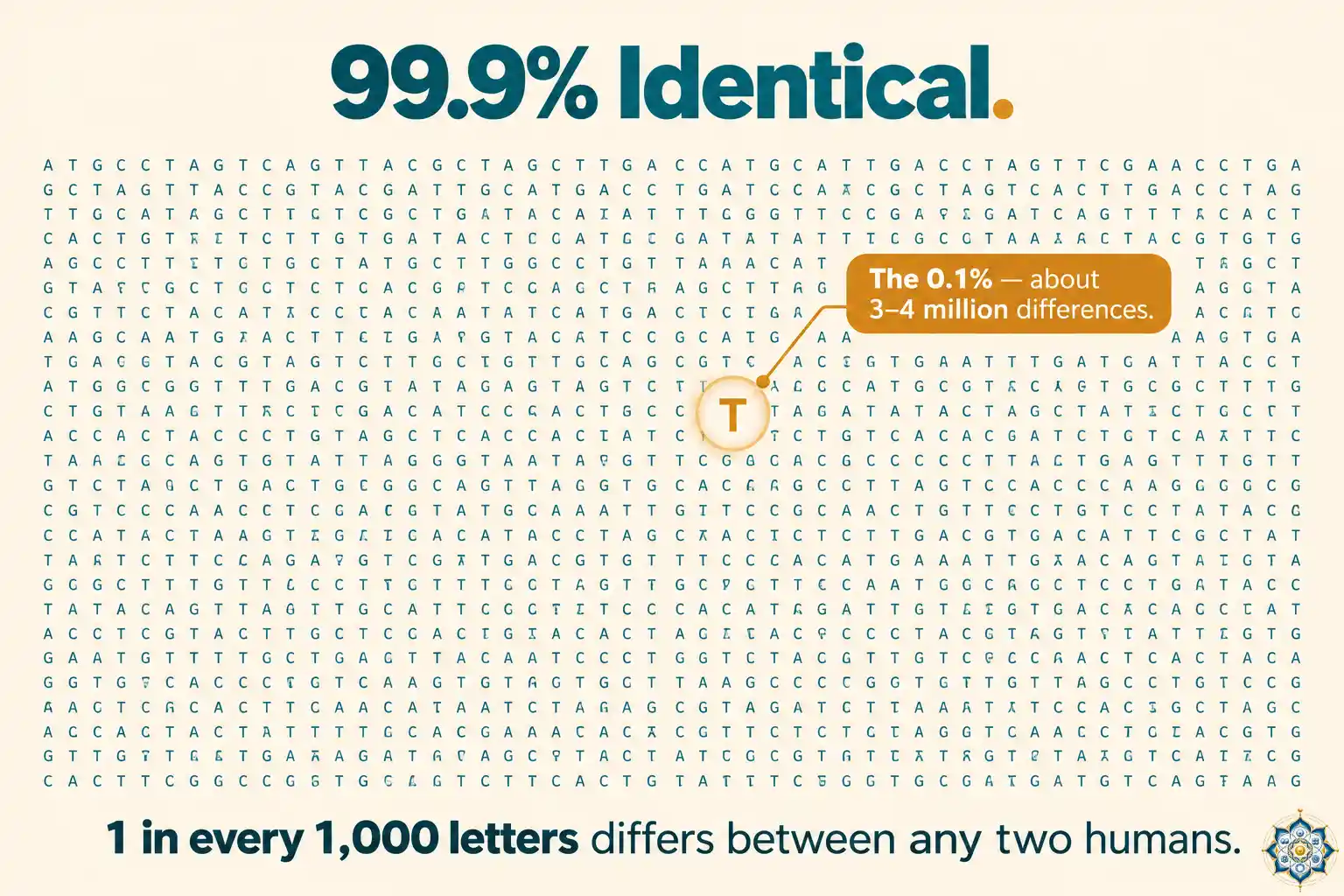 Infographic showing 1000 DNA letters with 1 highlighted in a different color to represent the 0.1% difference between any two humans