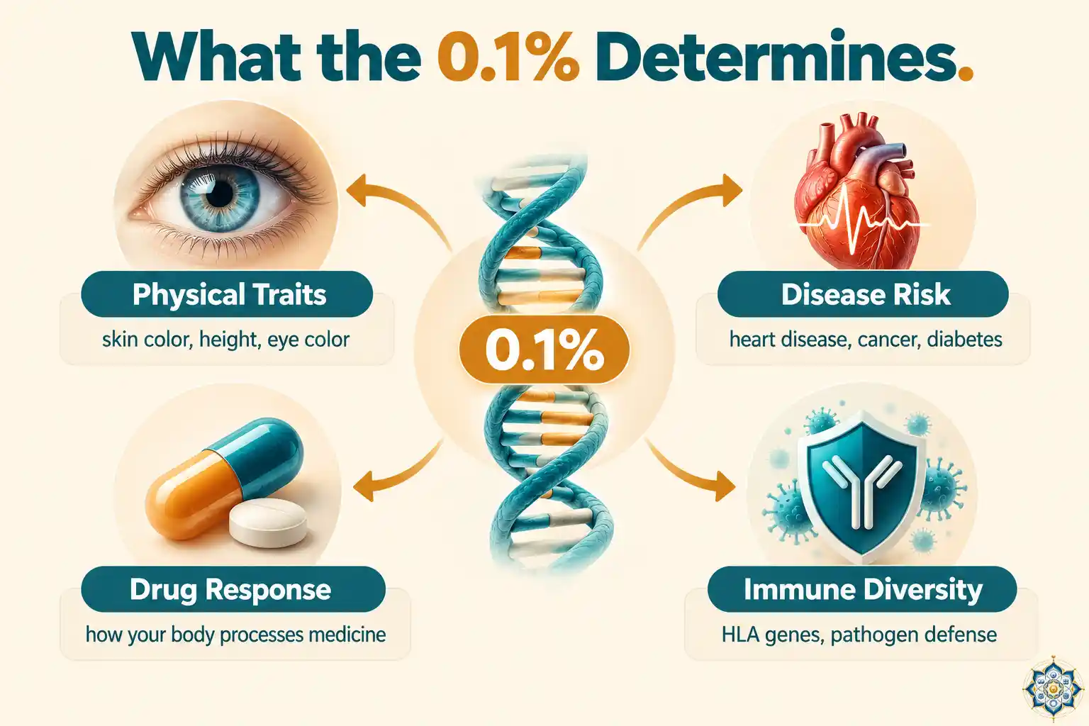 Visual showing the same 0.1% DNA difference branching into multiple outcomes: physical traits, disease risk, drug response, and immune diversity