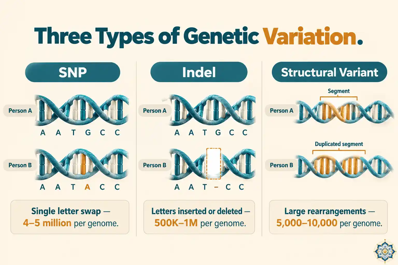 Diagram showing three types of DNA variation: a single letter swap (SNP), a missing section (deletion), and a duplicated section (structural variant)