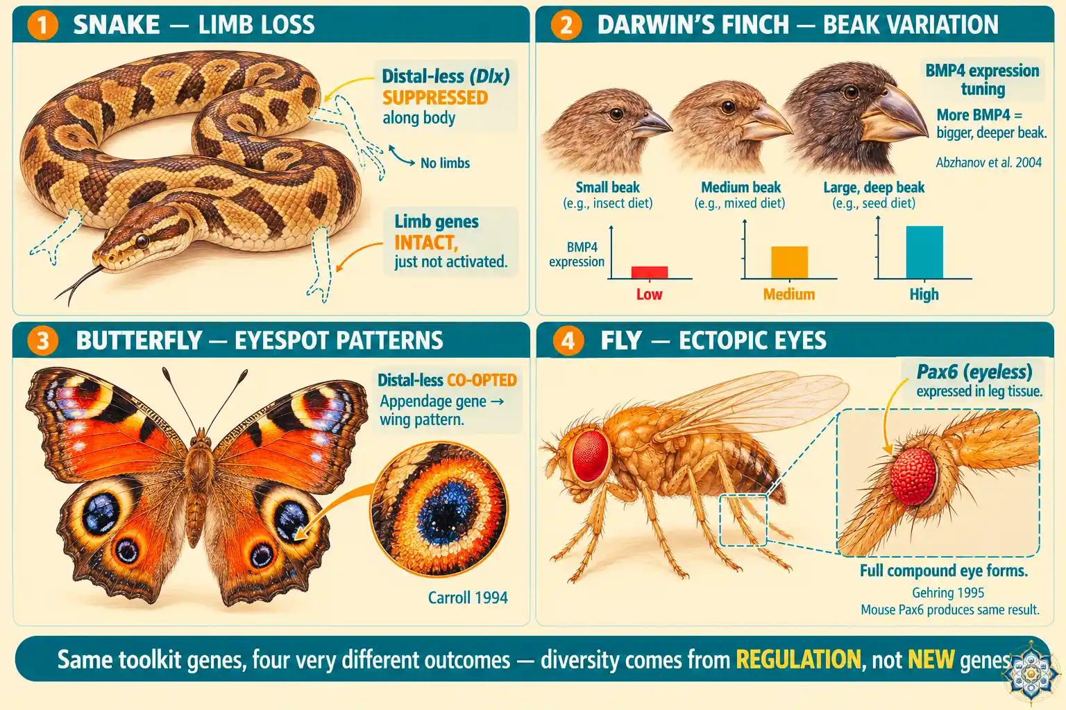 Diagram showing how the same toolkit genes can produce different body plans — snake with suppressed Distal-less producing no limbs, bird with modified BMP4 producing specialized beaks, butterfly with Distal-less driving wing eyespot patterns, demonstrating evolutionary diversity through regulatory change
