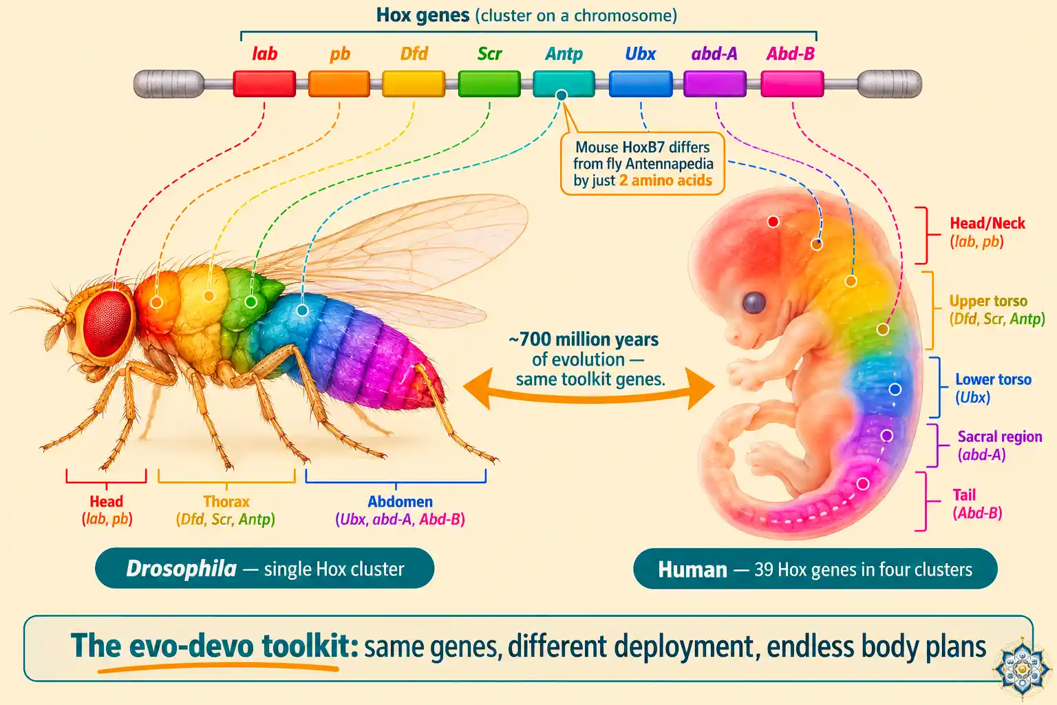 Scientific illustration of the evo-devo toolkit showing conserved Hox genes arranged in a cluster with colored labels, matching color-coded body segments of a fruit fly and a human embryo side by side, demonstrating that the same genes direct body plan formation across all animals