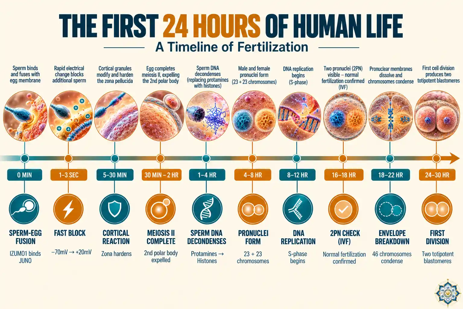 Horizontal timeline infographic of the first 24 hours after human fertilization showing 10 key events from sperm-egg fusion at 0 minutes to first cell division at 24 to 30 hours