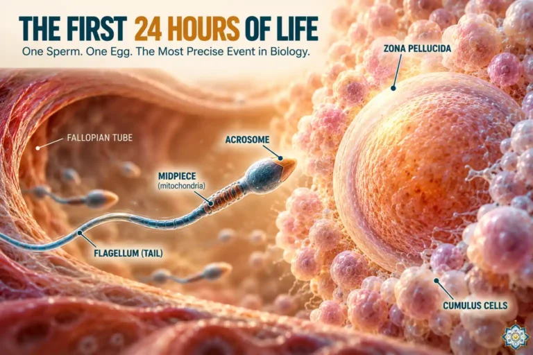 Scientific illustration of a single sperm cell approaching a large human egg surrounded by cumulus cells, with labeled acrosome, midpiece, flagellum, and zona pellucida inside the fallopian tube