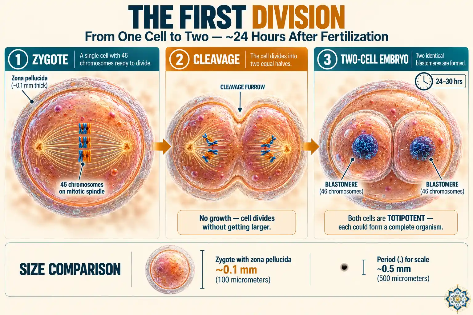 Three-stage illustration of the zygote's first cell division showing the single-cell zygote with 46 chromosomes, cleavage furrow forming during division, and the resulting two-cell embryo with totipotent blastomeres