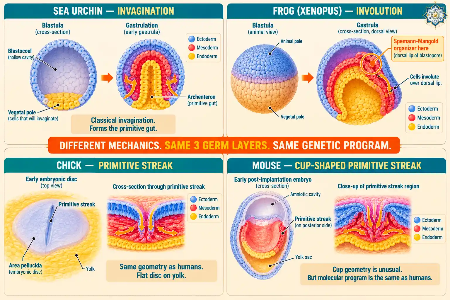 Comparative diagram showing gastrulation in four model organisms side by side — sea urchin with invagination forming archenteron, frog Xenopus with involution over the dorsal lip of the blastopore, chick with primitive streak similar to humans, and mouse with cup-shaped epiblast and primitive streak — showing that all vertebrates use the same basic three-germ-layer plan
