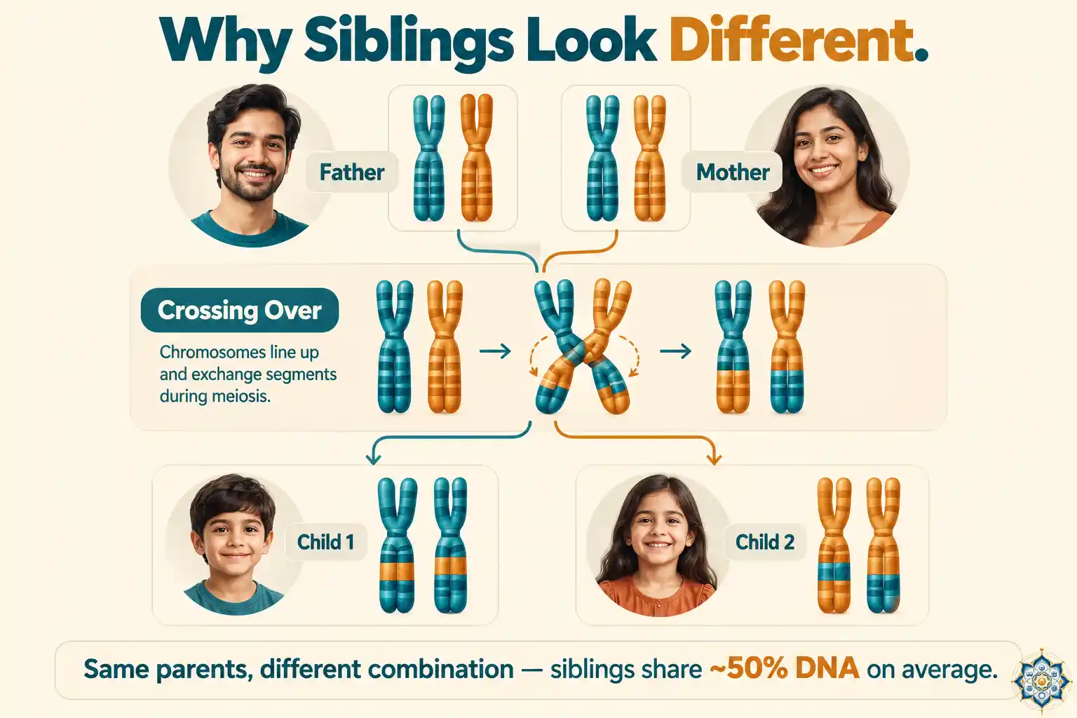 Diagram showing how recombination shuffles parental chromosomes, producing genetically unique siblings from the same two parents