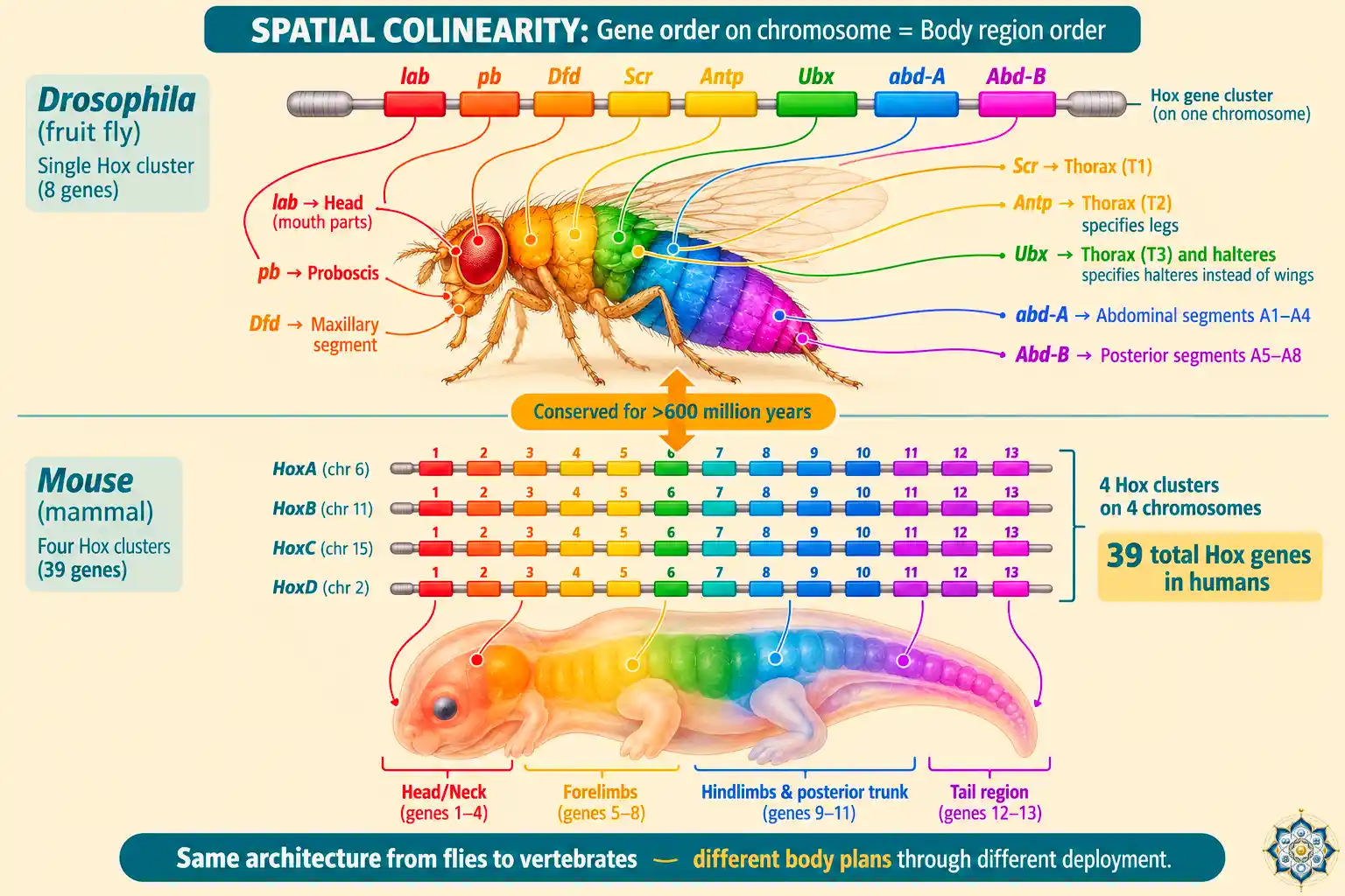 Diagram showing Hox genes arranged in order along a chromosome in a fruit fly with color-coded genes matching the body segments they control, demonstrating spatial colinearity, and the same arrangement shown in a mouse with four Hox clusters
