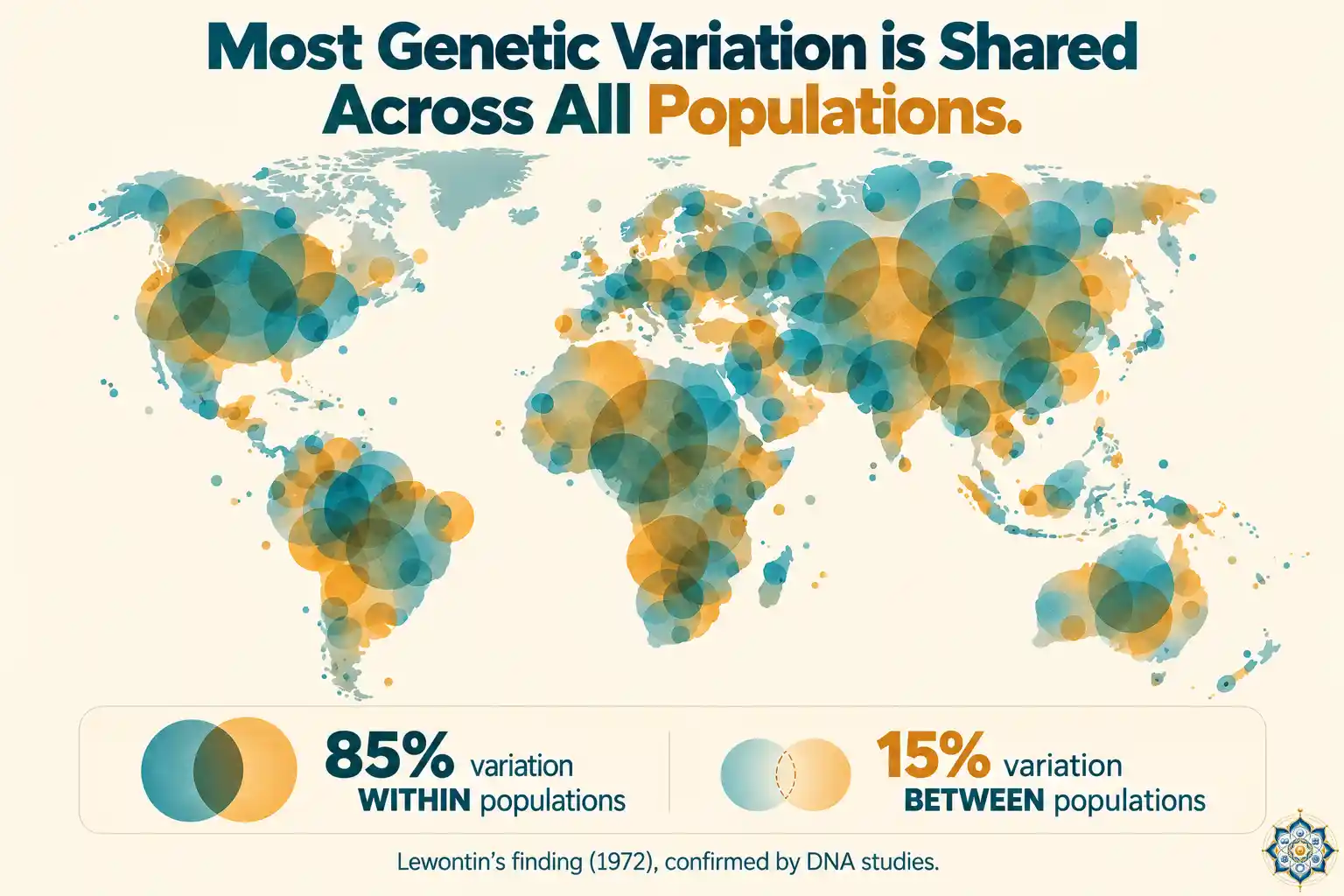 World map showing overlapping circles of human genetic variation, illustrating that most variation is shared across populations with gradual differences
