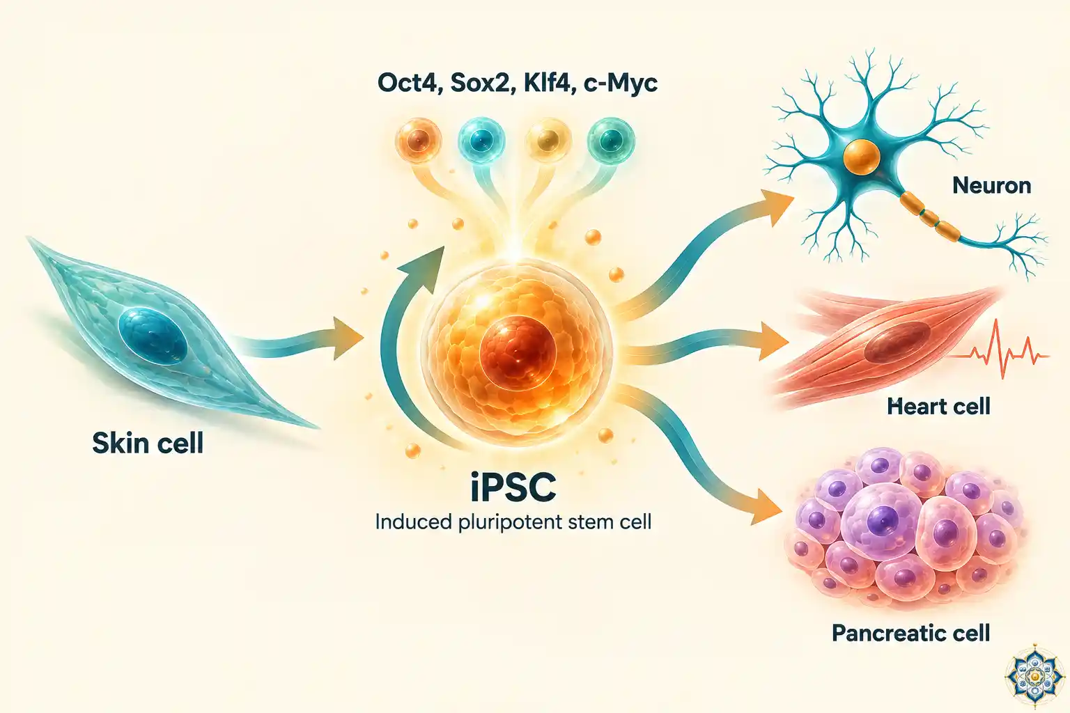 Process illustration of a skin cell being reprogrammed into an induced pluripotent stem cell and then into neurons, heart cells and pancreatic cells