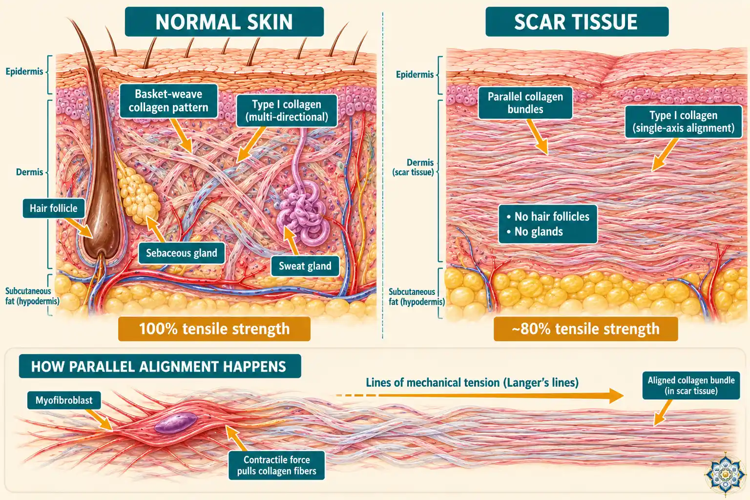 Side-by-side comparison of normal skin collagen in basket-weave pattern versus scar tissue collagen in parallel alignment, with labeled arrows showing the structural difference, hair follicles present in normal skin but absent in scar tissue