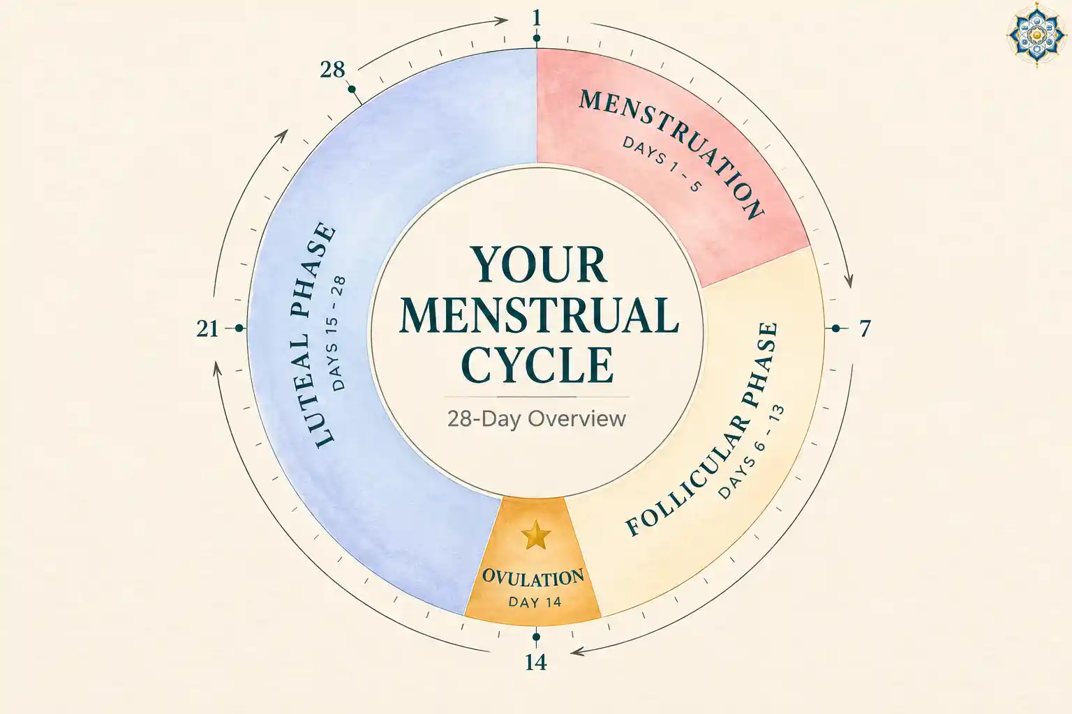 Menstrual cycle wheel diagram showing menstruation, follicular, ovulation, and luteal phases across a 28-day cycle