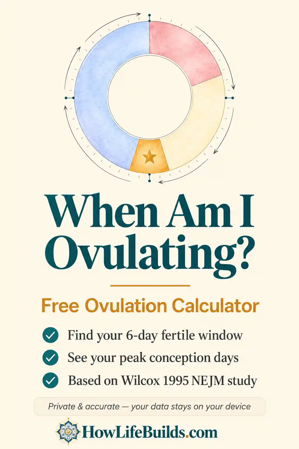 Free ovulation calculator — find your 6-day fertile window and peak conception days based on peer-reviewed research