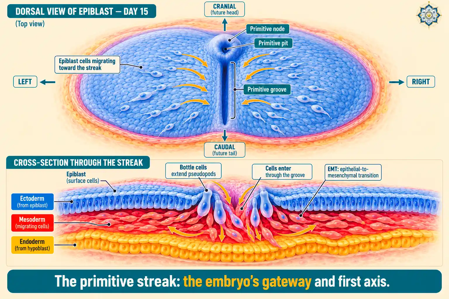 Diagram of the primitive streak in a human embryo at day 15 showing the epiblast surface from above with a central linear groove, the primitive node and primitive pit at the cranial end, labeled axes showing cranial caudal and left right orientation, and arrows indicating cells ingressing into the streak to form the three germ layers below
