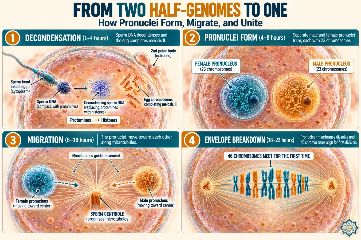 Four-step illustration showing pronuclei formation after fertilization — sperm DNA decondensation, male and female pronuclei forming with 23 chromosomes each, migration along microtubules, and envelope breakdown as 46 chromosomes meet on the mitotic spindle
