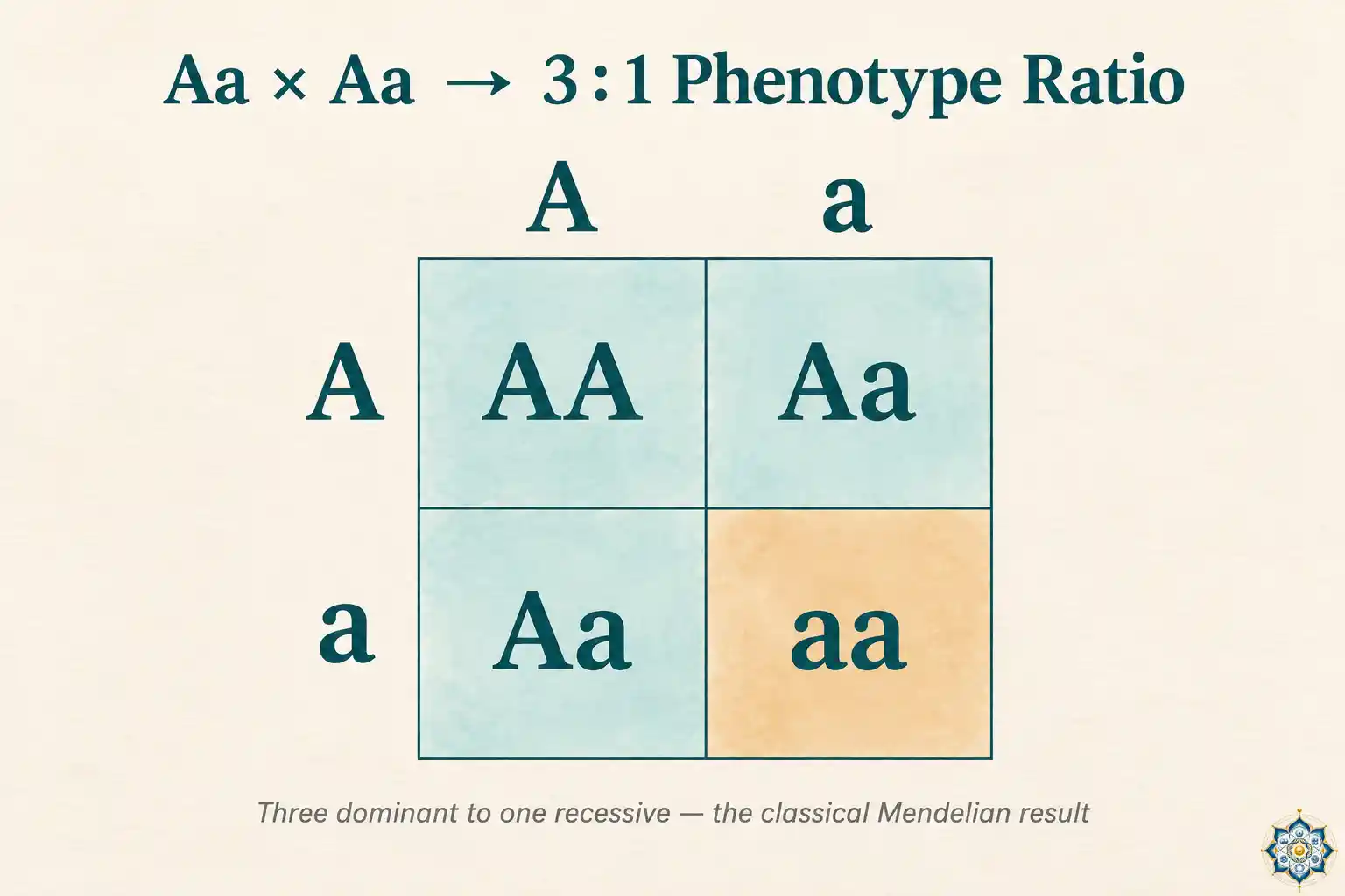 Example 2x2 Punnett square showing an Aa by Aa monohybrid cross and the resulting 3 to 1 phenotype ratio