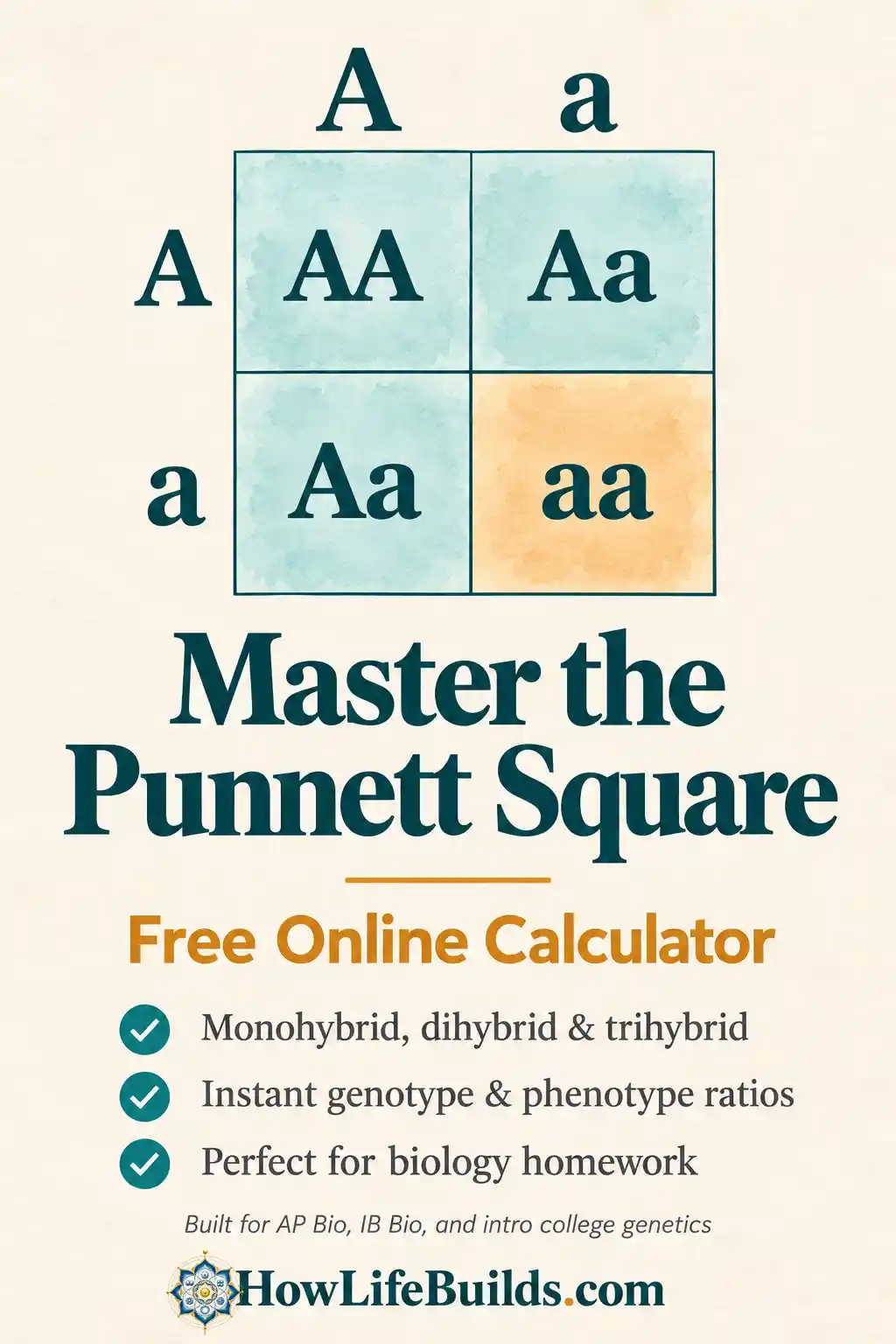 Free Punnett square calculator for biology students — monohybrid, dihybrid, and trihybrid genetics crosses