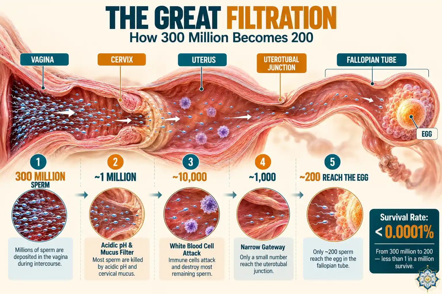 Infographic showing the journey of sperm through the female reproductive tract from vagina to fallopian tube, with sperm count decreasing from 300 million to 200 at each filtration stage