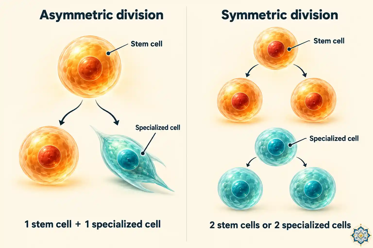 Diagram comparing asymmetric stem cell division, producing one stem cell and one specialized cell, with symmetric division producing two identical cells