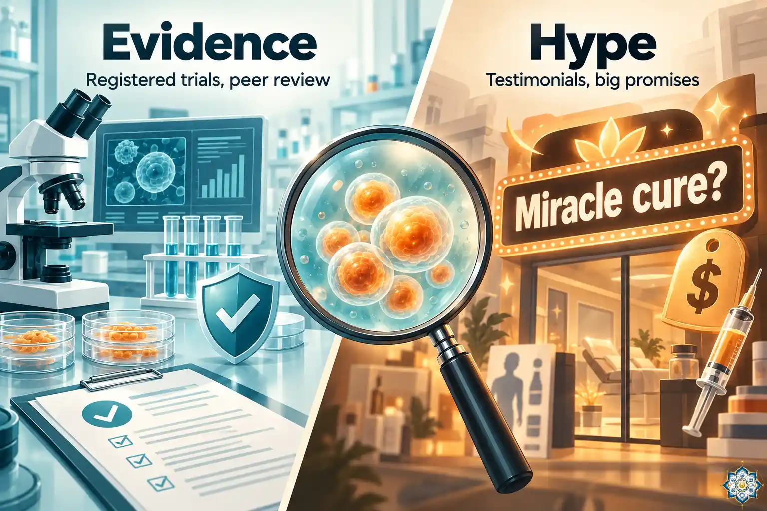 Split illustration contrasting a regulated clinical trial laboratory with an unregulated stem cell clinic, with a magnifying glass over evidence