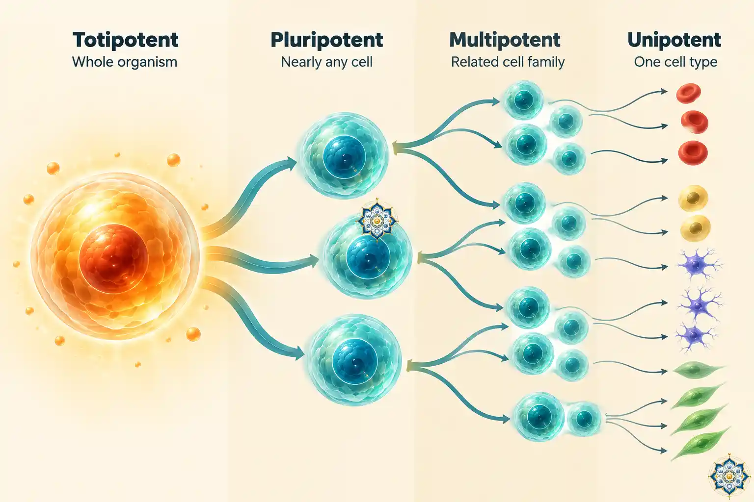 Branching tree showing stem cell potency from totipotent to pluripotent to multipotent to unipotent cells
