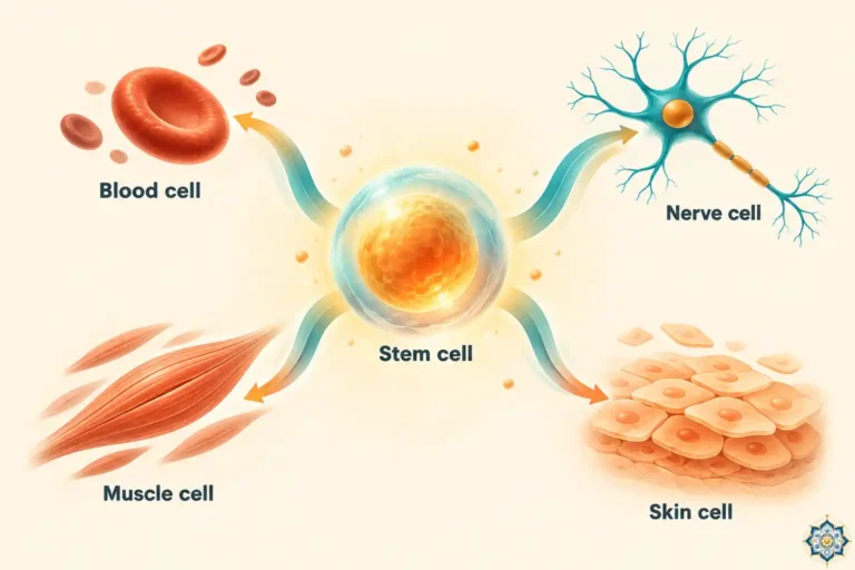 Illustration of a single glowing stem cell at the center branching into blood, nerve, muscle and skin cells