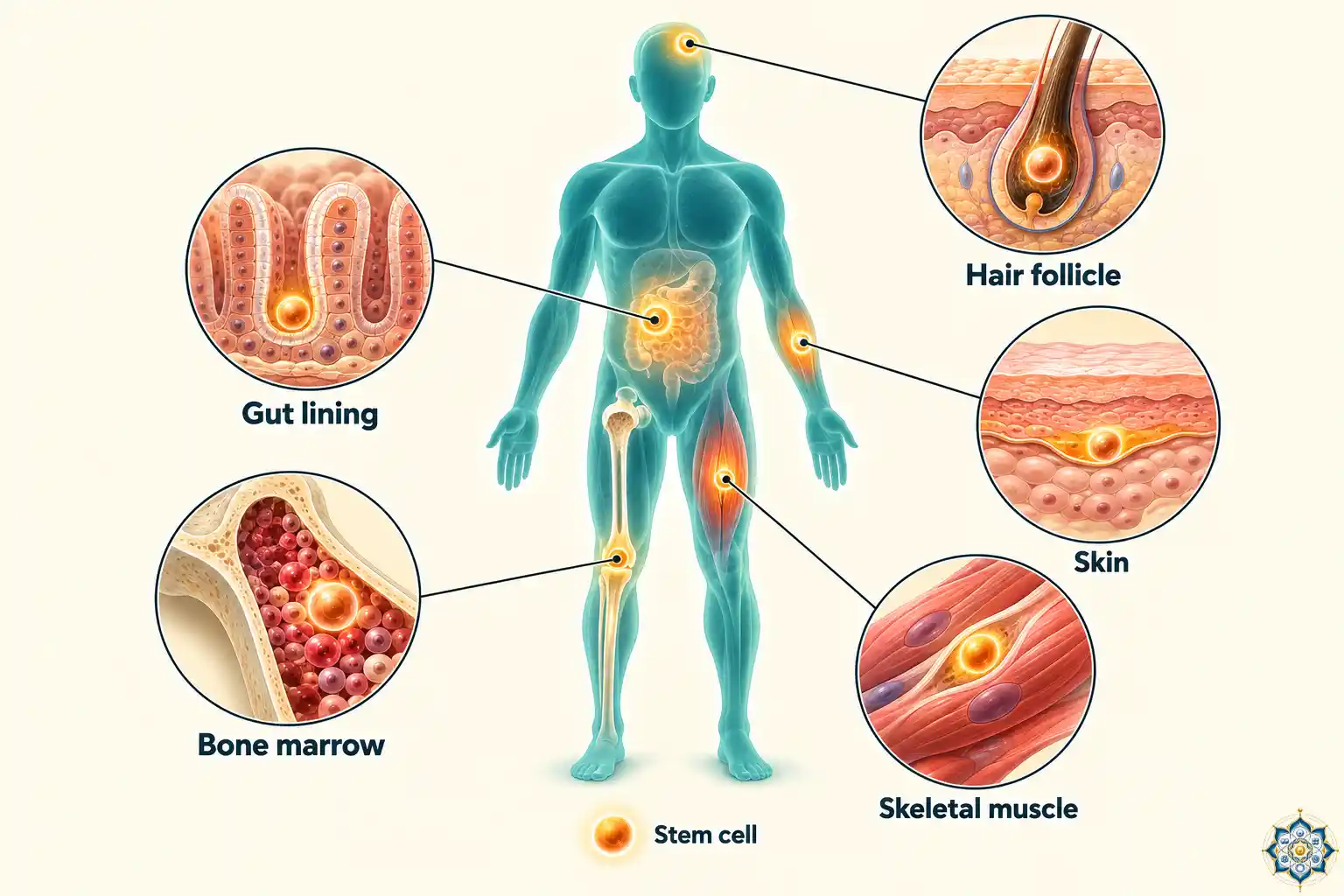 Human body silhouette with highlighted regions showing where stem cells live: bone marrow, gut, skin, muscle and hair follicles