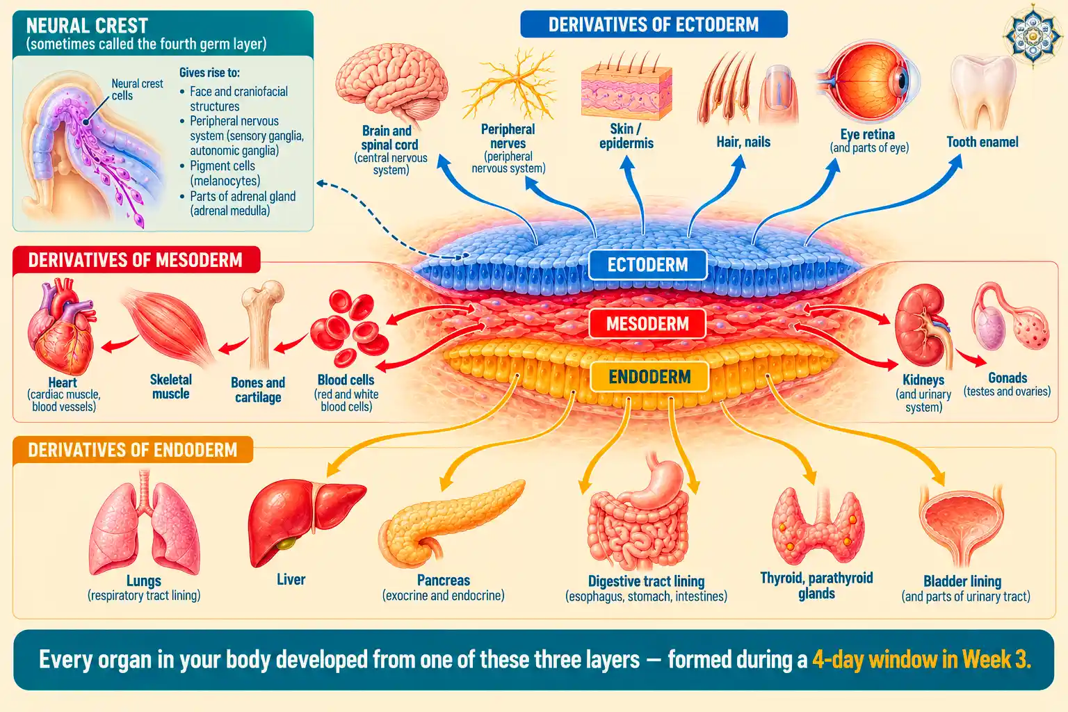 Comprehensive diagram of the three germ layers showing a human embryo cross section with ectoderm colored blue at the top labeled with its derivatives nervous system and skin, mesoderm colored red in the middle labeled with its derivatives muscles bones heart kidneys and blood, and endoderm colored yellow at the bottom labeled with its derivatives digestive tract lungs liver and pancreas