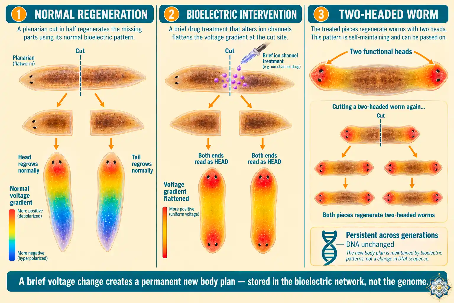 Scientific diagram showing a planarian flatworm being cut in half with normal regeneration producing one head and one tail, versus Levin's experiment where altered bioelectric signaling produces a two-headed worm, with persistent effect across multiple regeneration cycles labeled