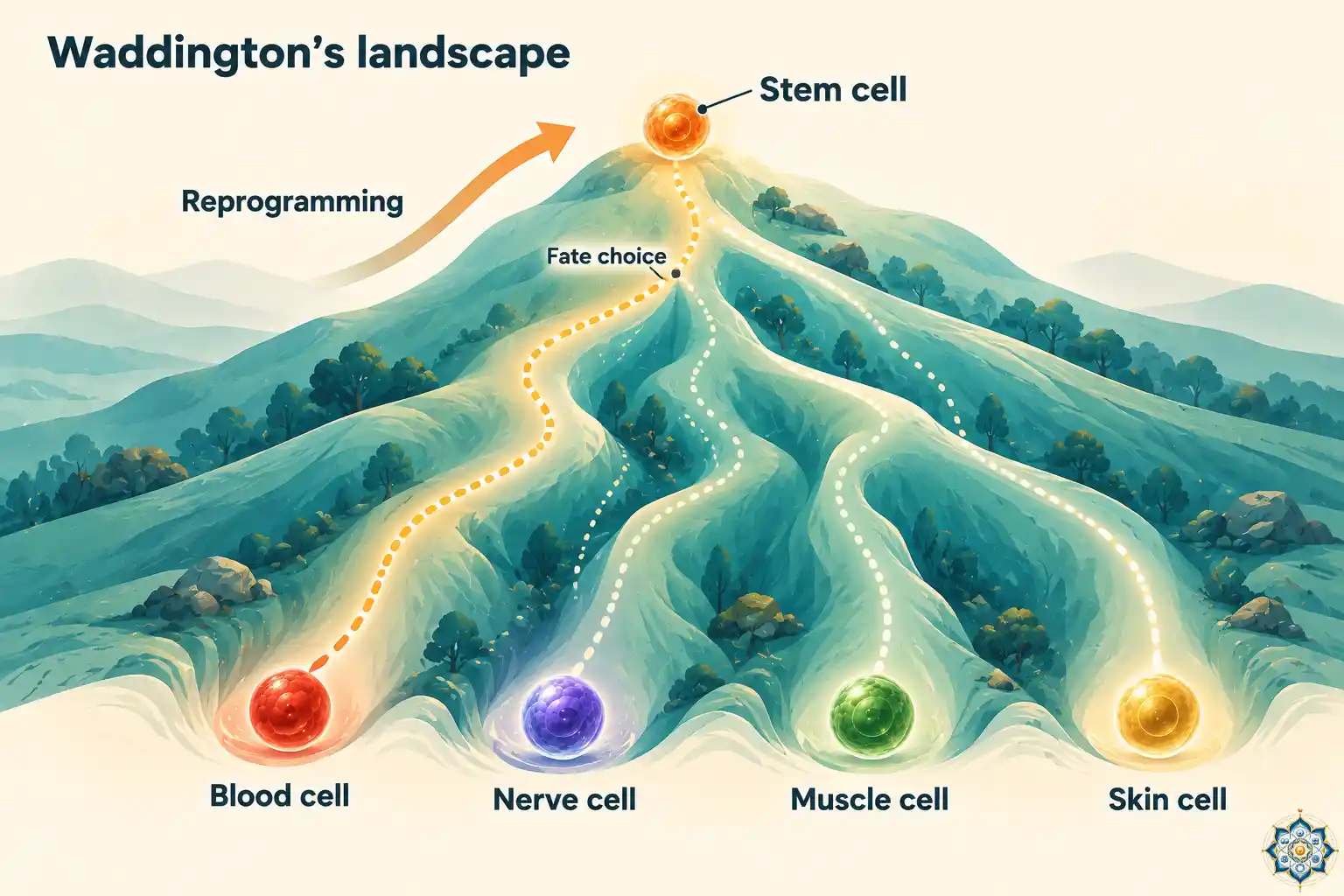 Waddington epigenetic landscape showing a ball rolling down a hill with branching valleys representing cell fate choices