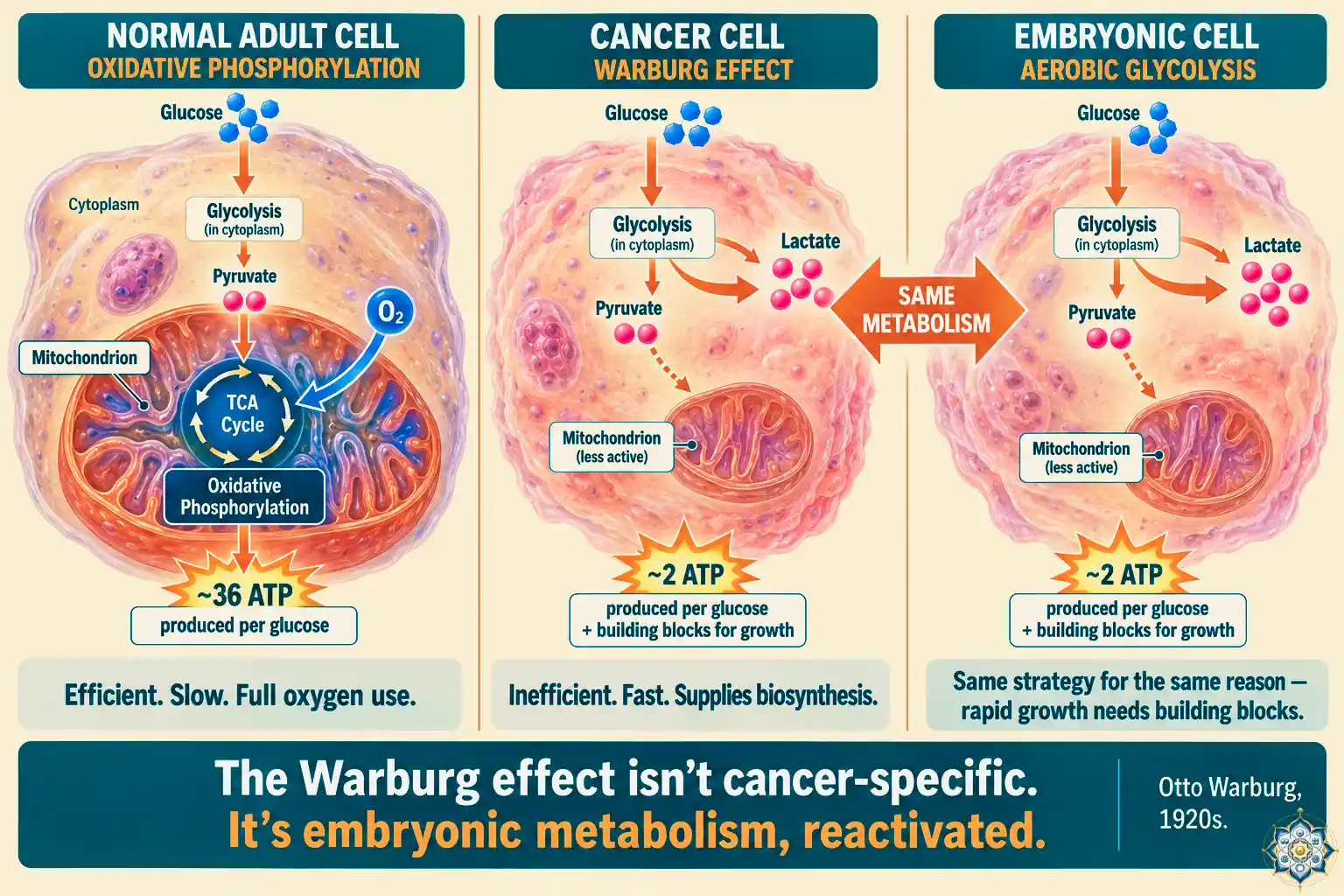 Diagram comparing normal adult cell metabolism using oxidative phosphorylation in mitochondria versus cancer cell metabolism using aerobic glycolysis (Warburg effect), with labeled arrows showing glucose uptake, lactate production, and ATP generation, and a side comparison to embryonic cell metabolism using the same glycolytic strategy