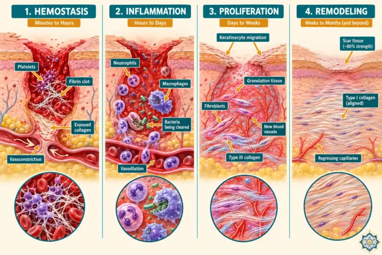 Scientific illustration of the four phases of wound healing — hemostasis, inflammation, proliferation, and remodeling — showing cellular activity at each stage from blood clot formation to scar tissue maturation