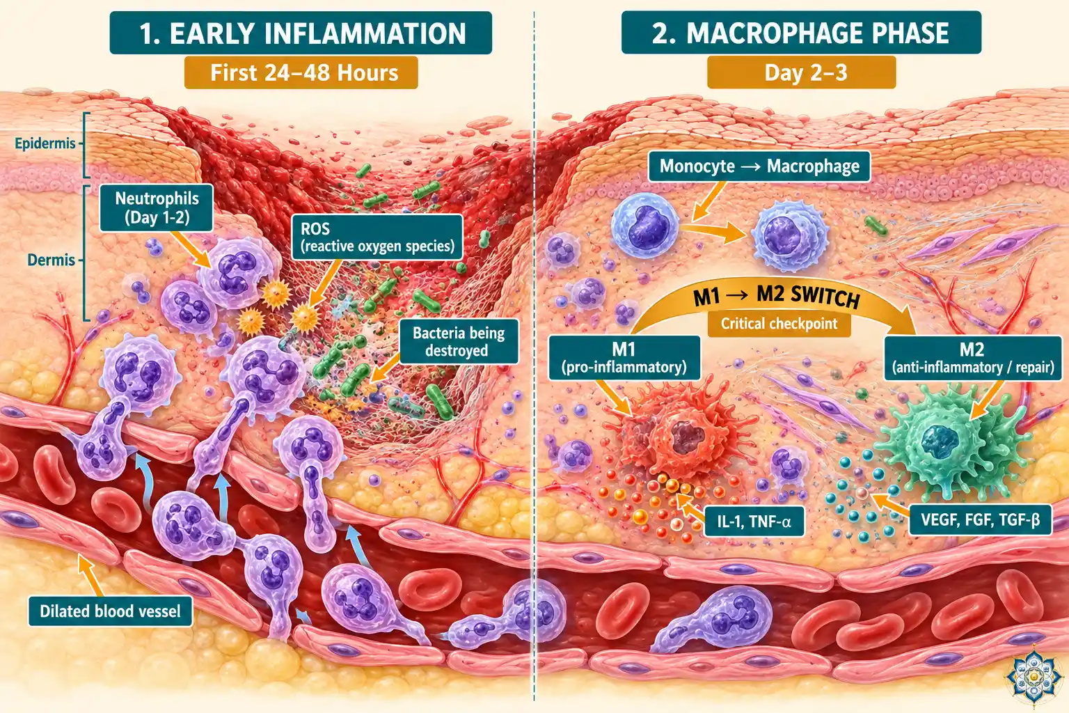 Diagram of the inflammation phase of wound healing showing neutrophils and macrophages clearing bacteria and debris from the wound site, with labeled molecular signals IL-1, TNF-alpha, and reactive oxygen species